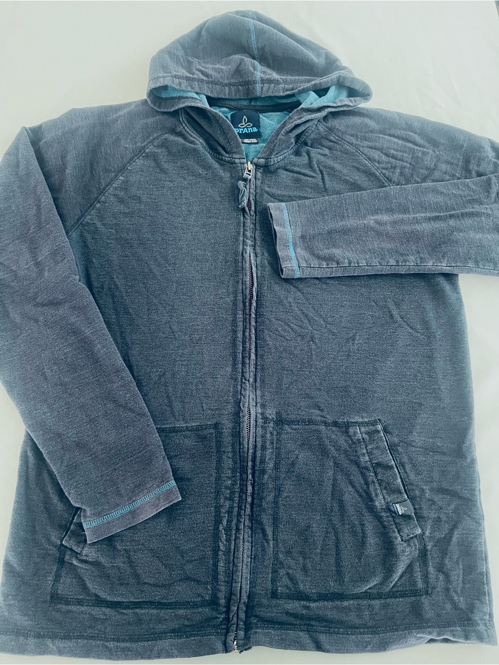 Prana Washed Navy Zip Hoodie with Light Blue Trim